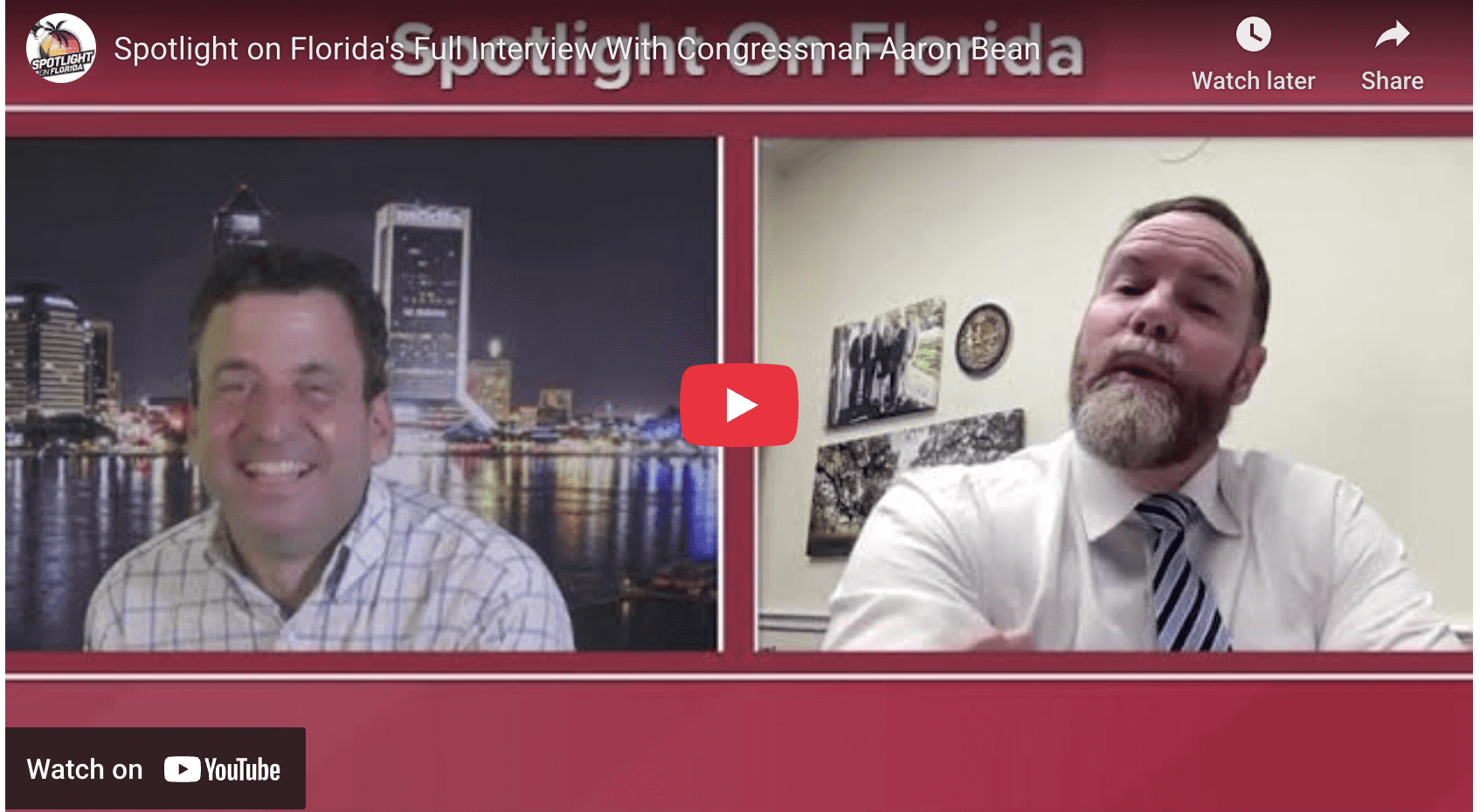 Two men during a video interview.